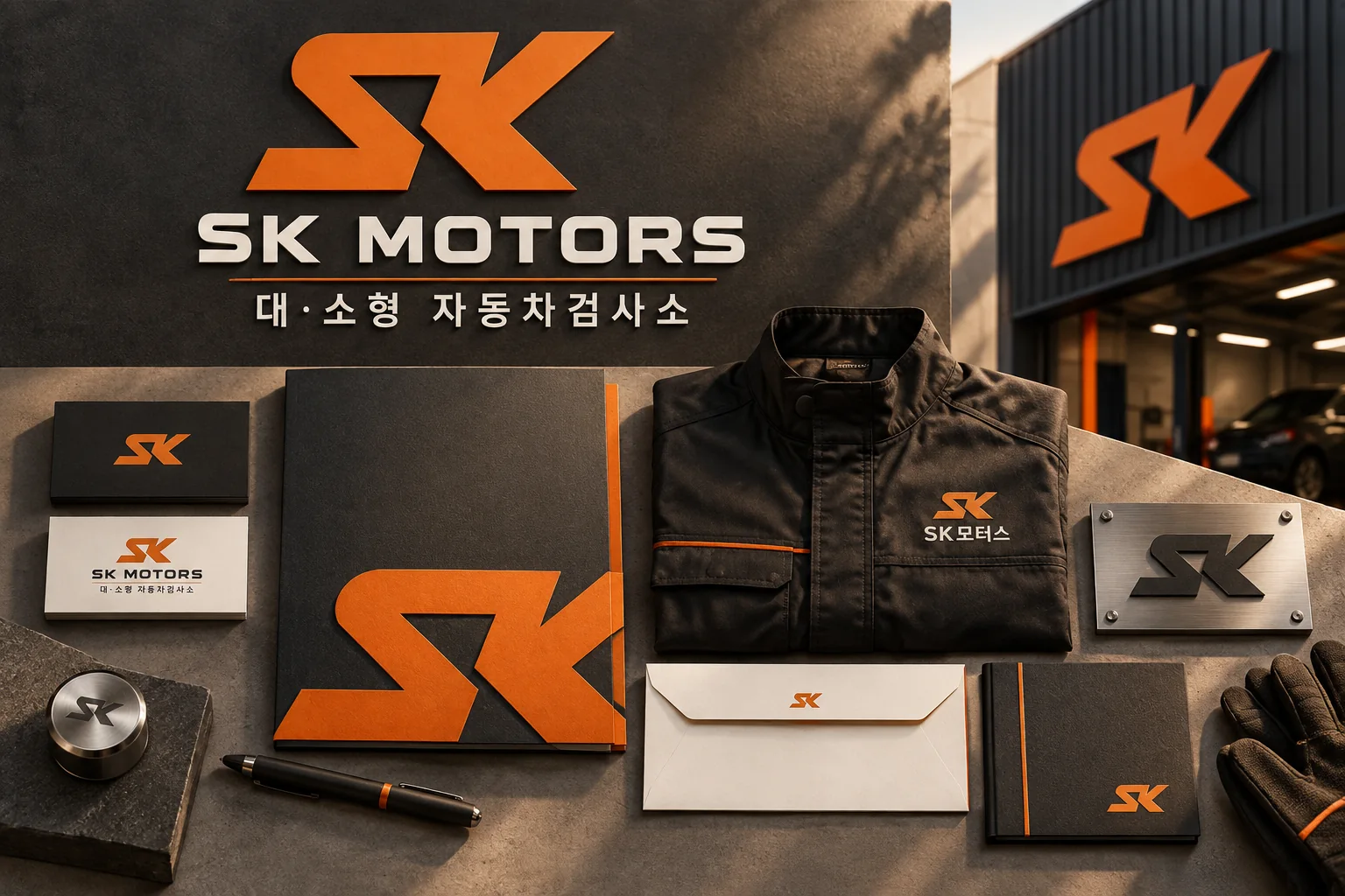 SK모터스 브랜드의 정비복, 명함, 인쇄물 적용 디자인