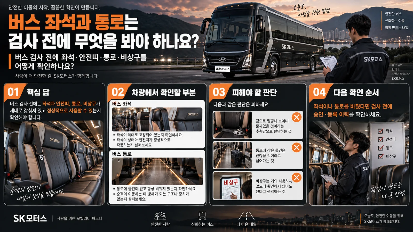 버스 좌석과 통로는 검사 전에 무엇을 봐야 하나요? — 주요 확인 순서 인포그래픽