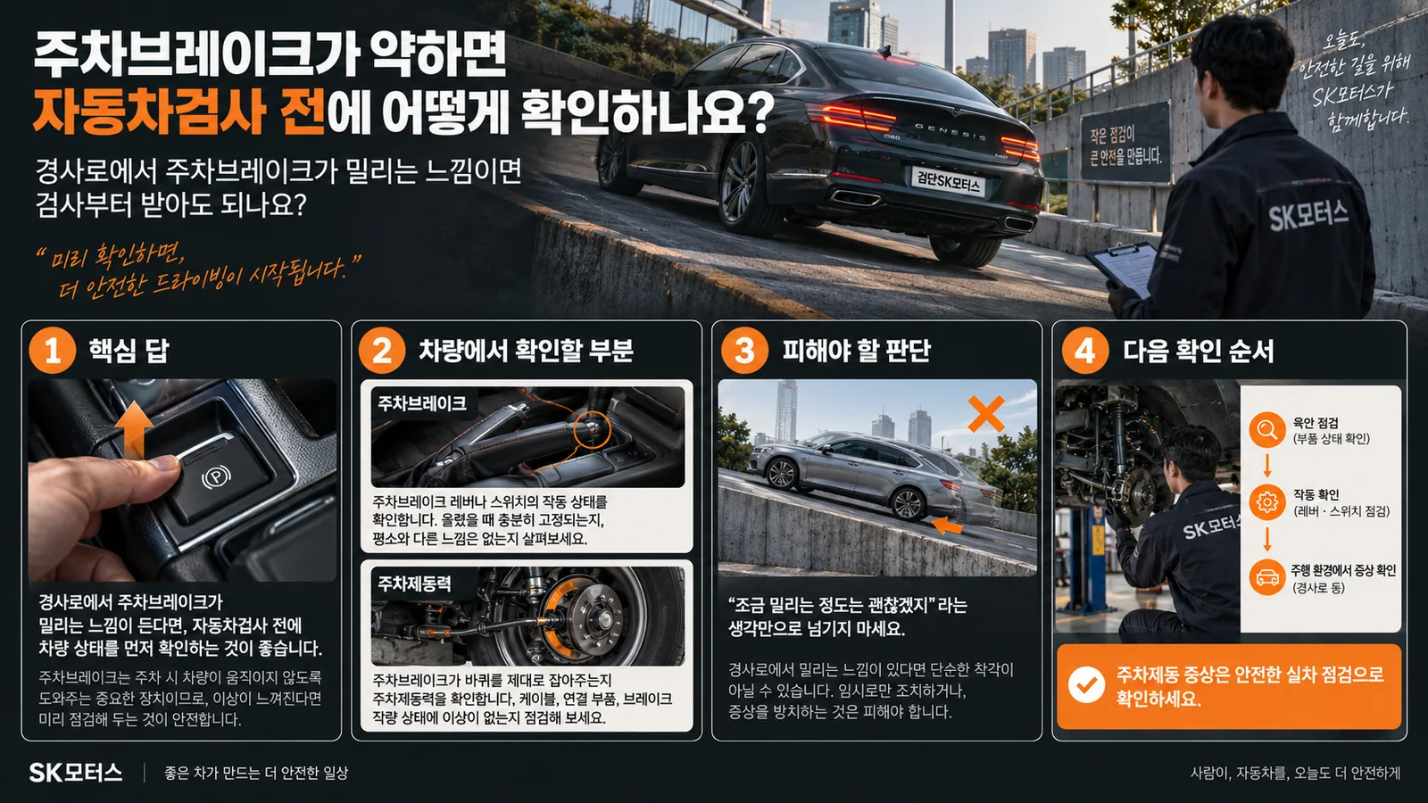 주차브레이크가 약하면 자동차검사 전에 어떻게 확인하나요? — 주요 확인 순서 인포그래픽