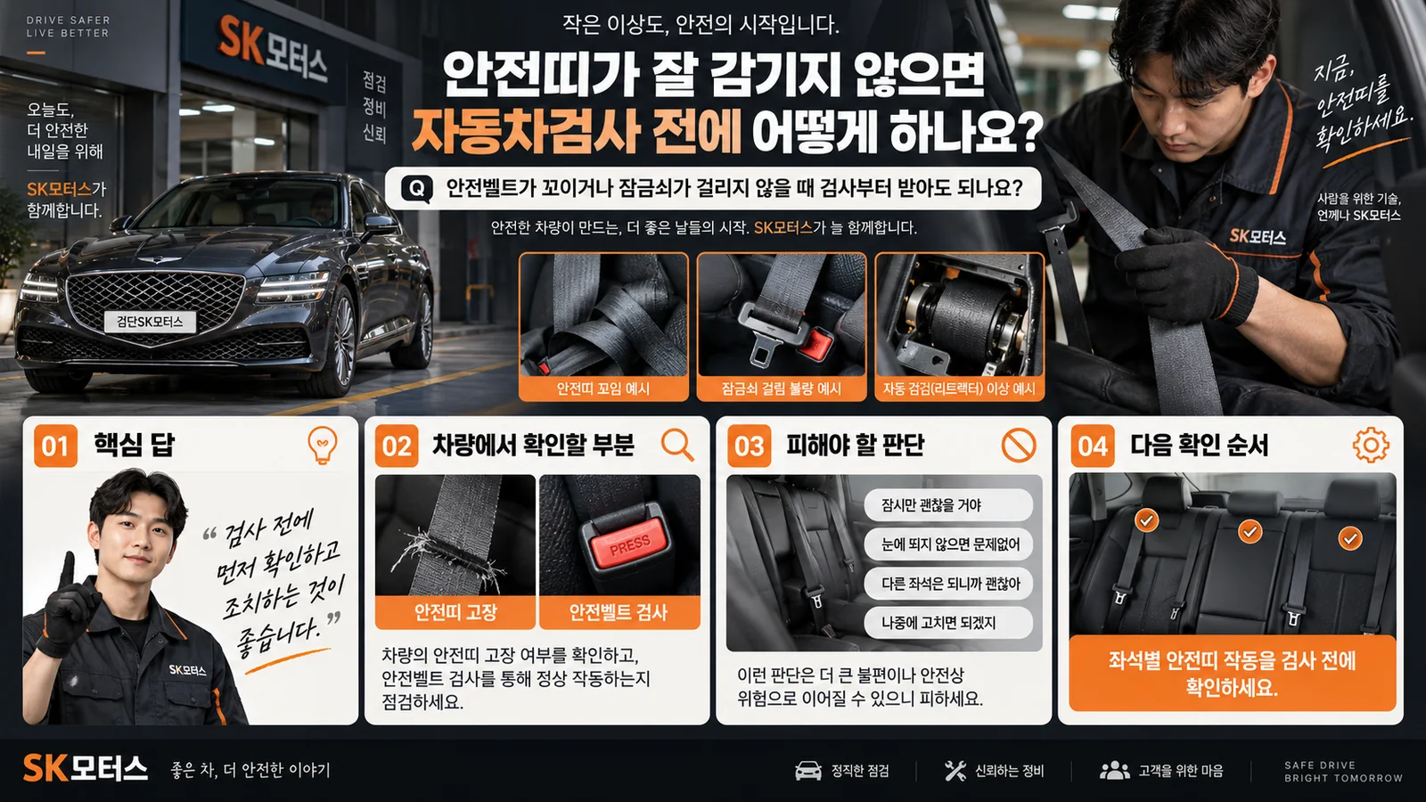 안전띠가 잘 감기지 않으면 자동차검사 전에 어떻게 하나요? — 주요 확인 순서 인포그래픽