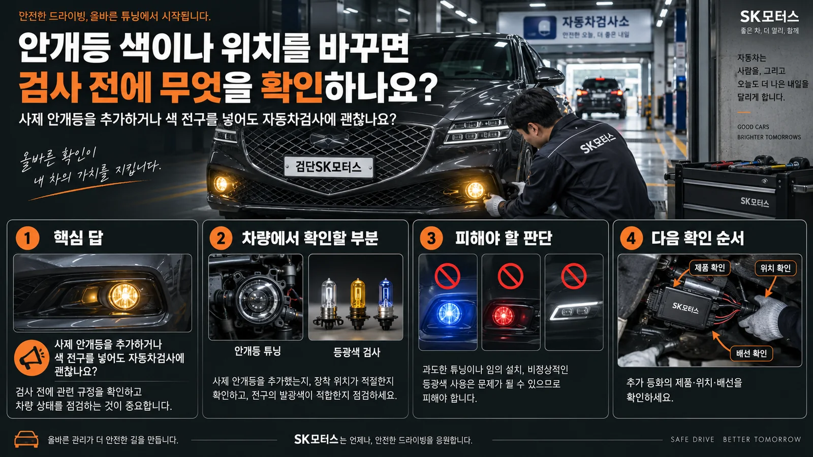 안개등 색이나 위치를 바꾸면 검사 전에 무엇을 확인하나요? — 주요 확인 순서 인포그래픽