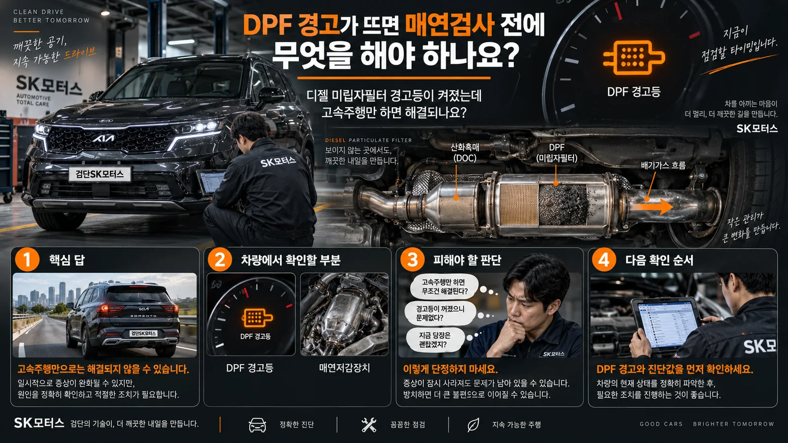 DPF 경고가 뜨면 매연검사 전에 무엇을 해야 하나요? — 주요 확인 순서 인포그래픽