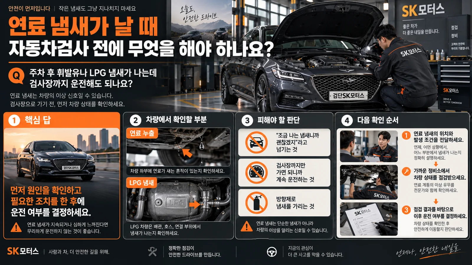 연료 냄새가 날 때 자동차검사 전에 무엇을 해야 하나요? — 주요 확인 순서 인포그래픽