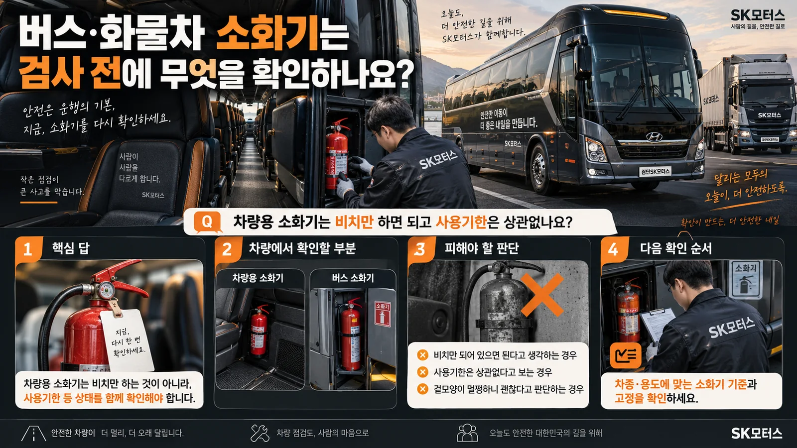 버스·화물차 소화기는 검사 전에 무엇을 확인하나요? — 주요 확인 순서 인포그래픽