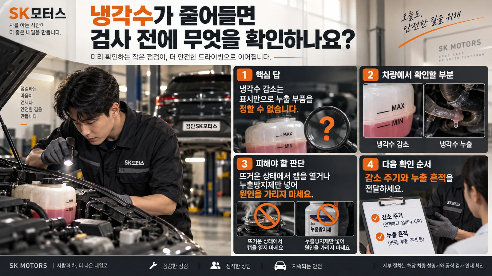 냉각수가 줄어들면 검사 전에 무엇을 확인하나요? — 주요 확인 순서 인포그래픽