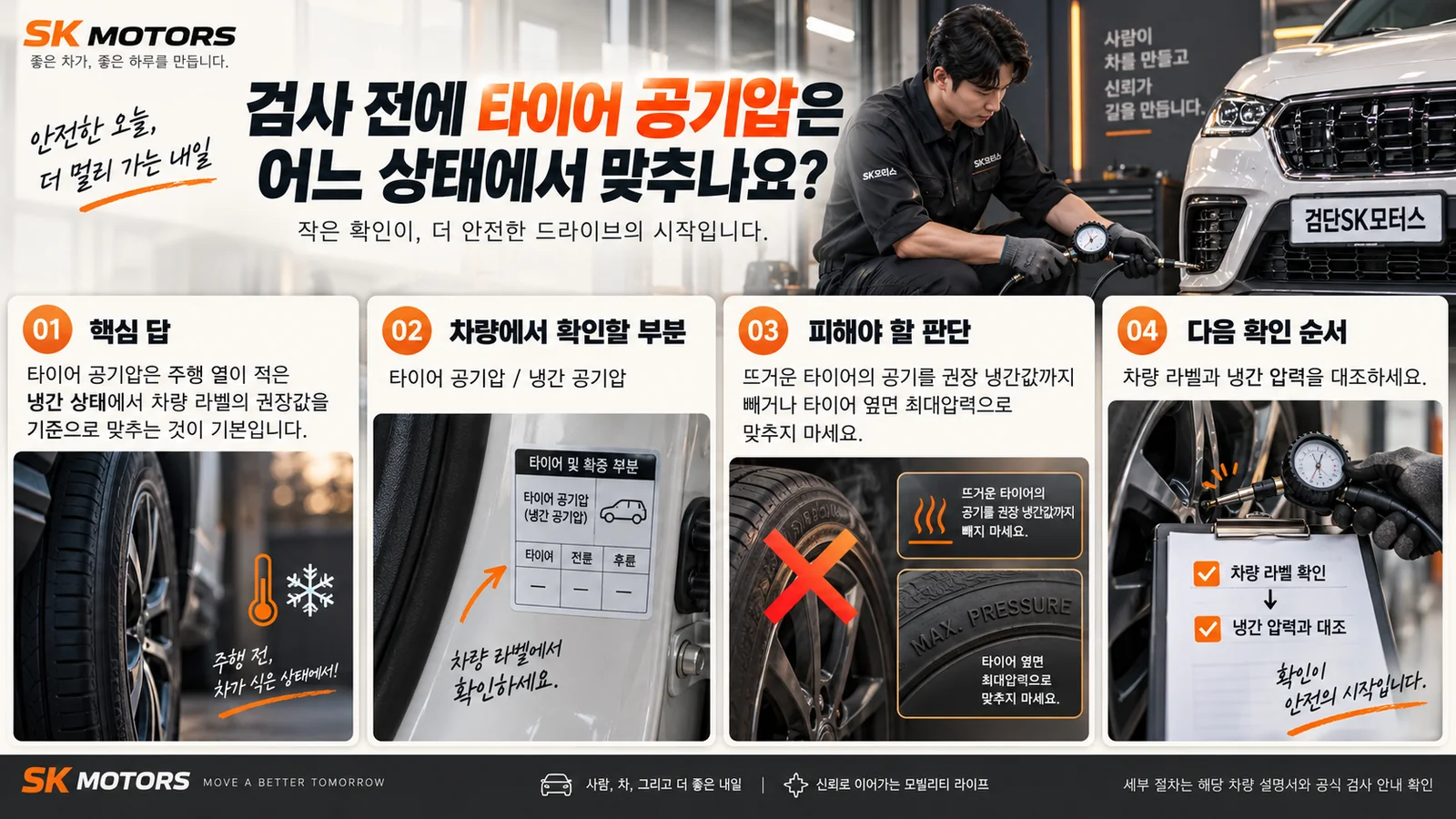 검사 전에 타이어 공기압은 어느 상태에서 맞추나요? — 주요 확인 순서 인포그래픽