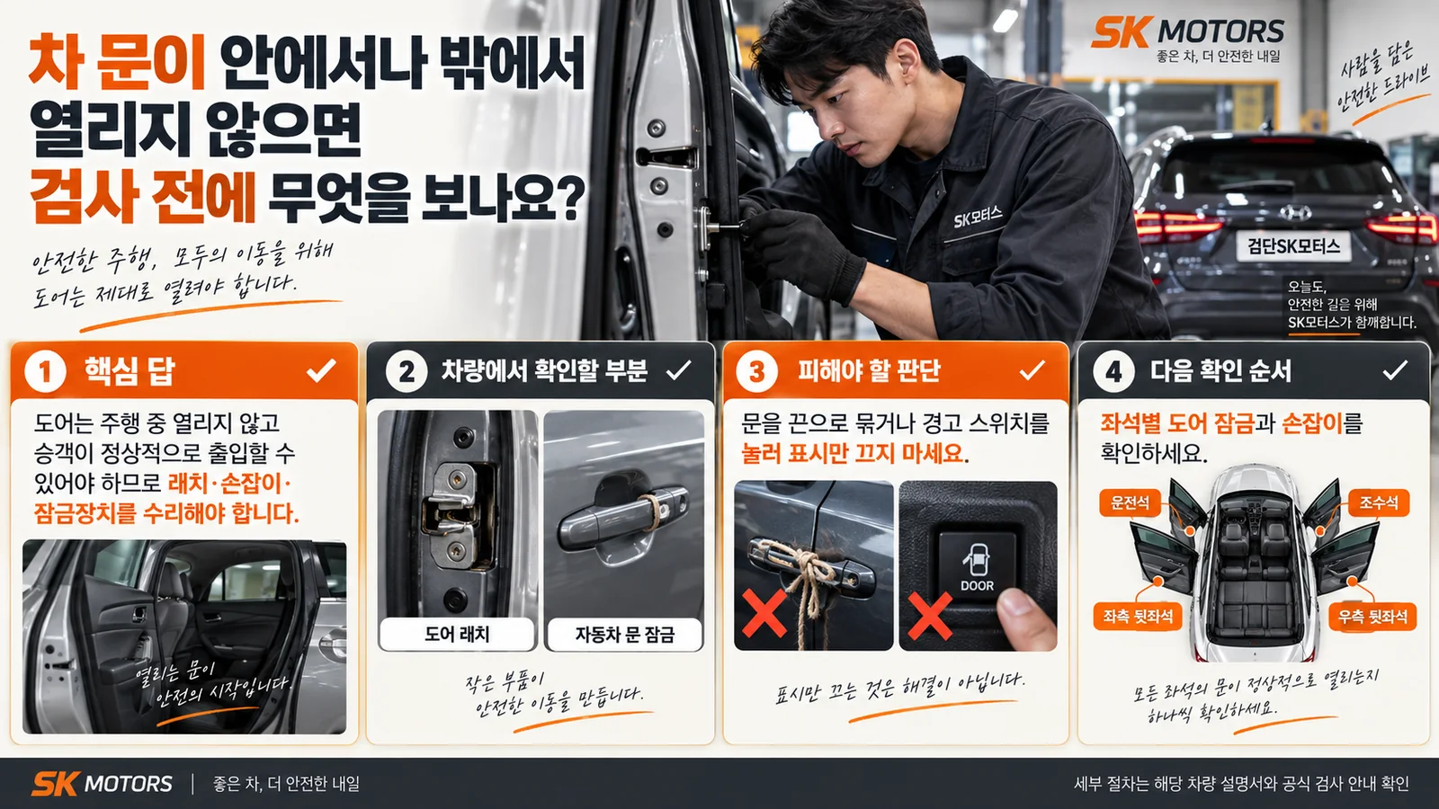 차 문이 안에서나 밖에서 열리지 않으면 검사 전에 무엇을 보나요? — 주요 확인 순서 인포그래픽
