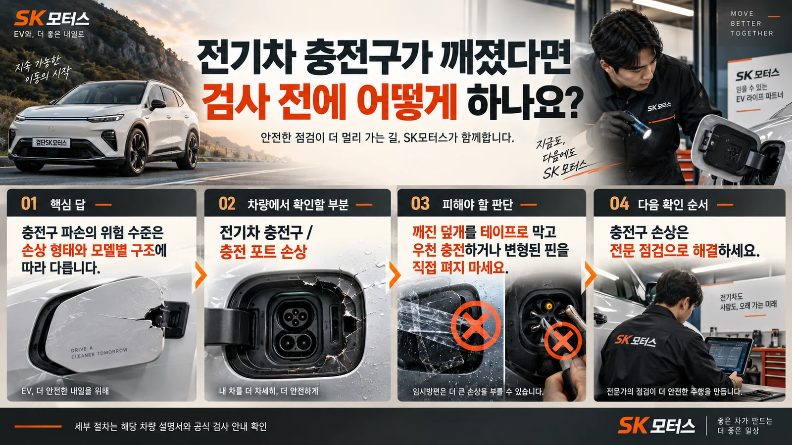 전기차 충전구가 깨졌다면 검사 전에 어떻게 하나요? — 주요 확인 순서 인포그래픽