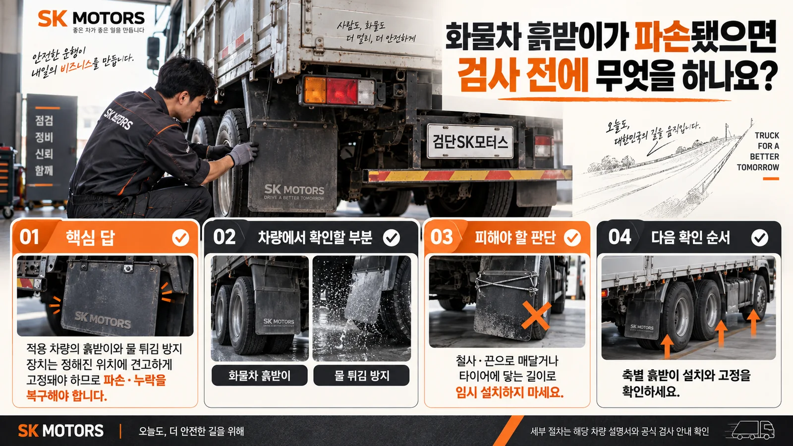 화물차 흙받이가 파손됐으면 검사 전에 무엇을 하나요? — 주요 확인 순서 인포그래픽