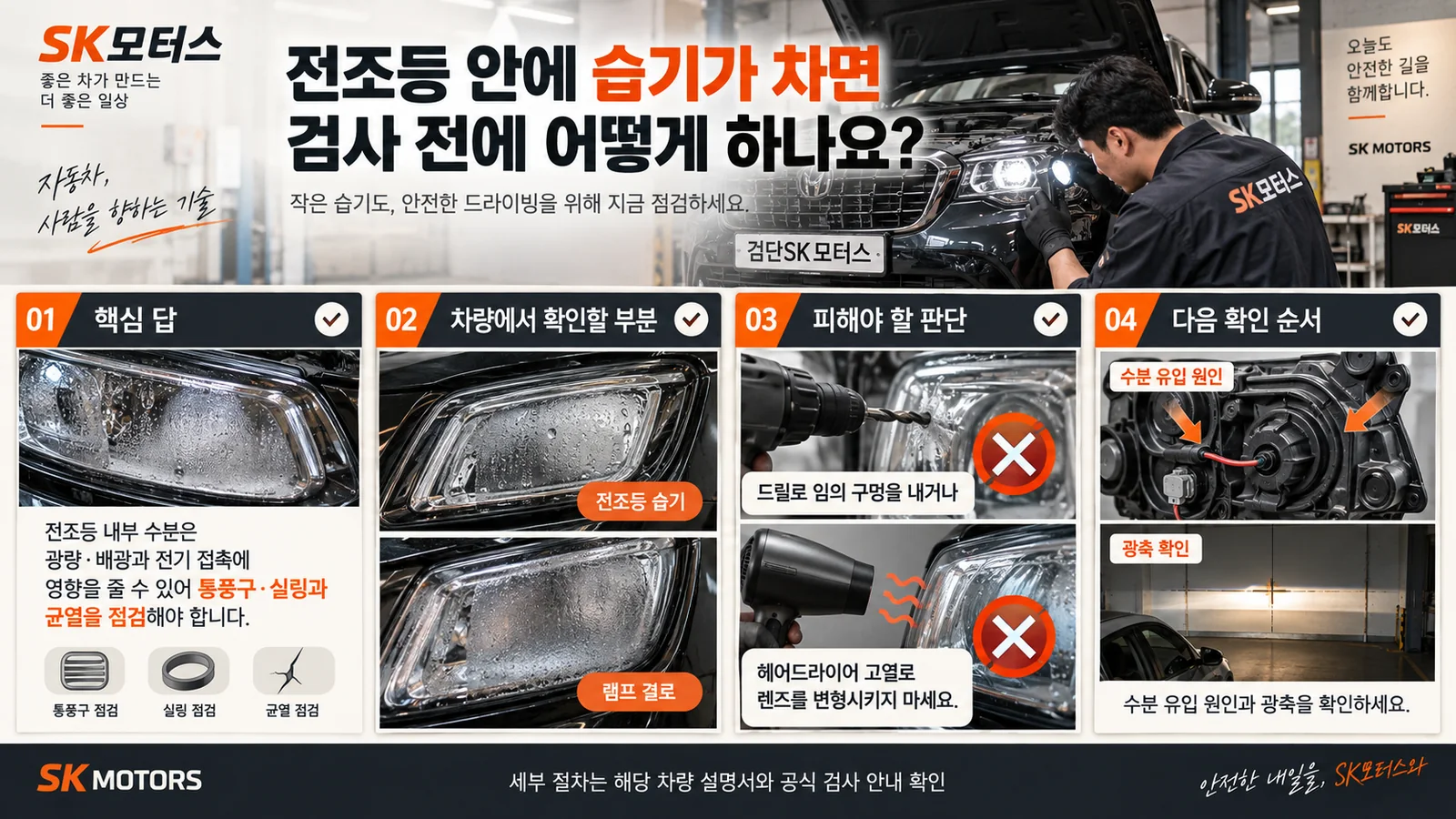 전조등 안에 습기가 차면 검사 전에 어떻게 하나요? — 주요 확인 순서 인포그래픽
