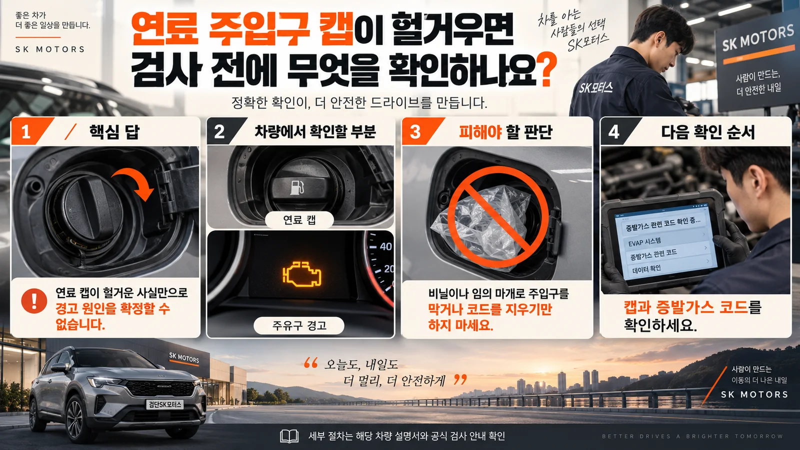 연료 주입구 캡이 헐거우면 검사 전에 무엇을 확인하나요? — 주요 확인 순서 인포그래픽