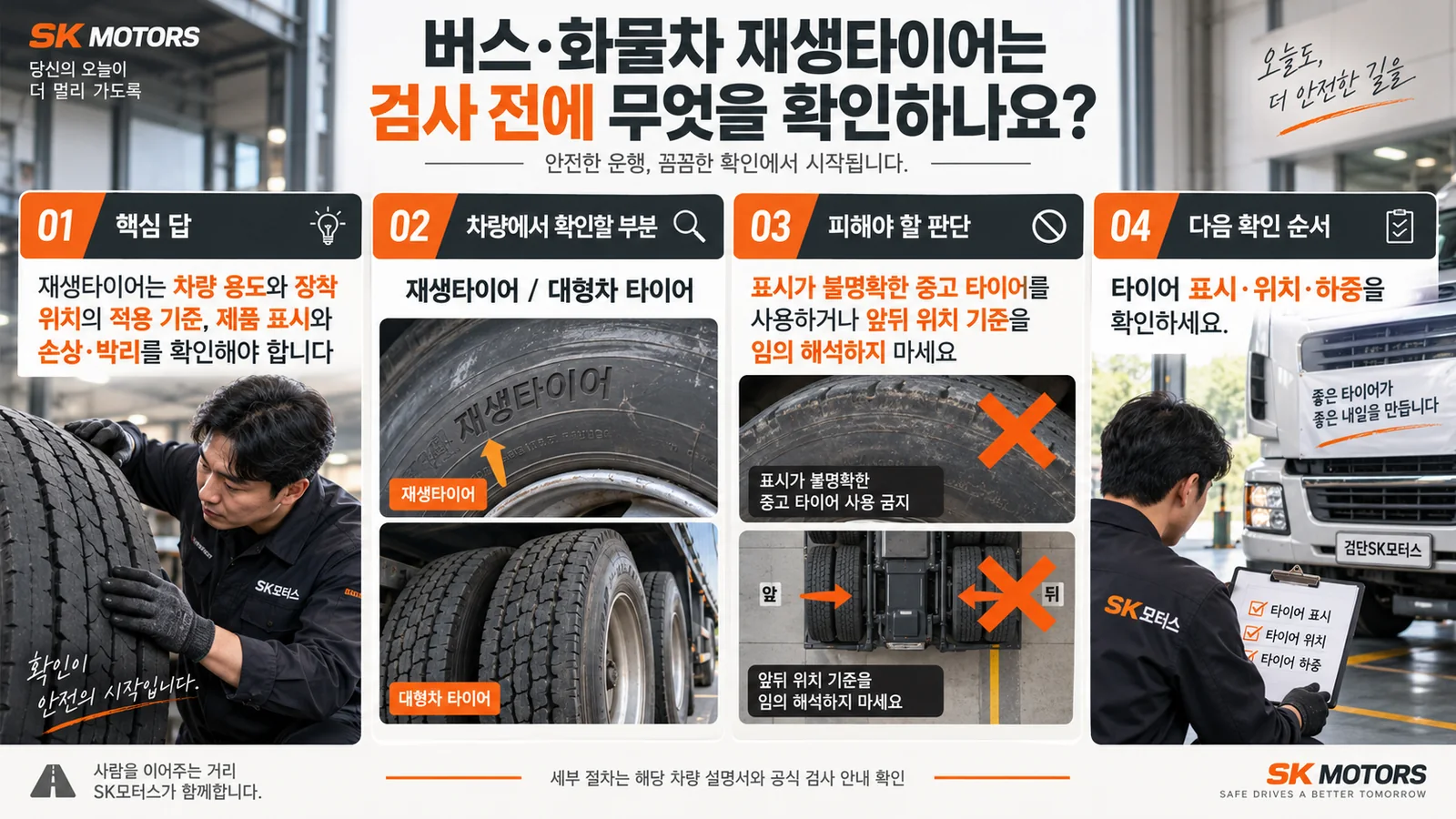 버스·화물차 재생타이어는 검사 전에 무엇을 확인하나요? — 주요 확인 순서 인포그래픽