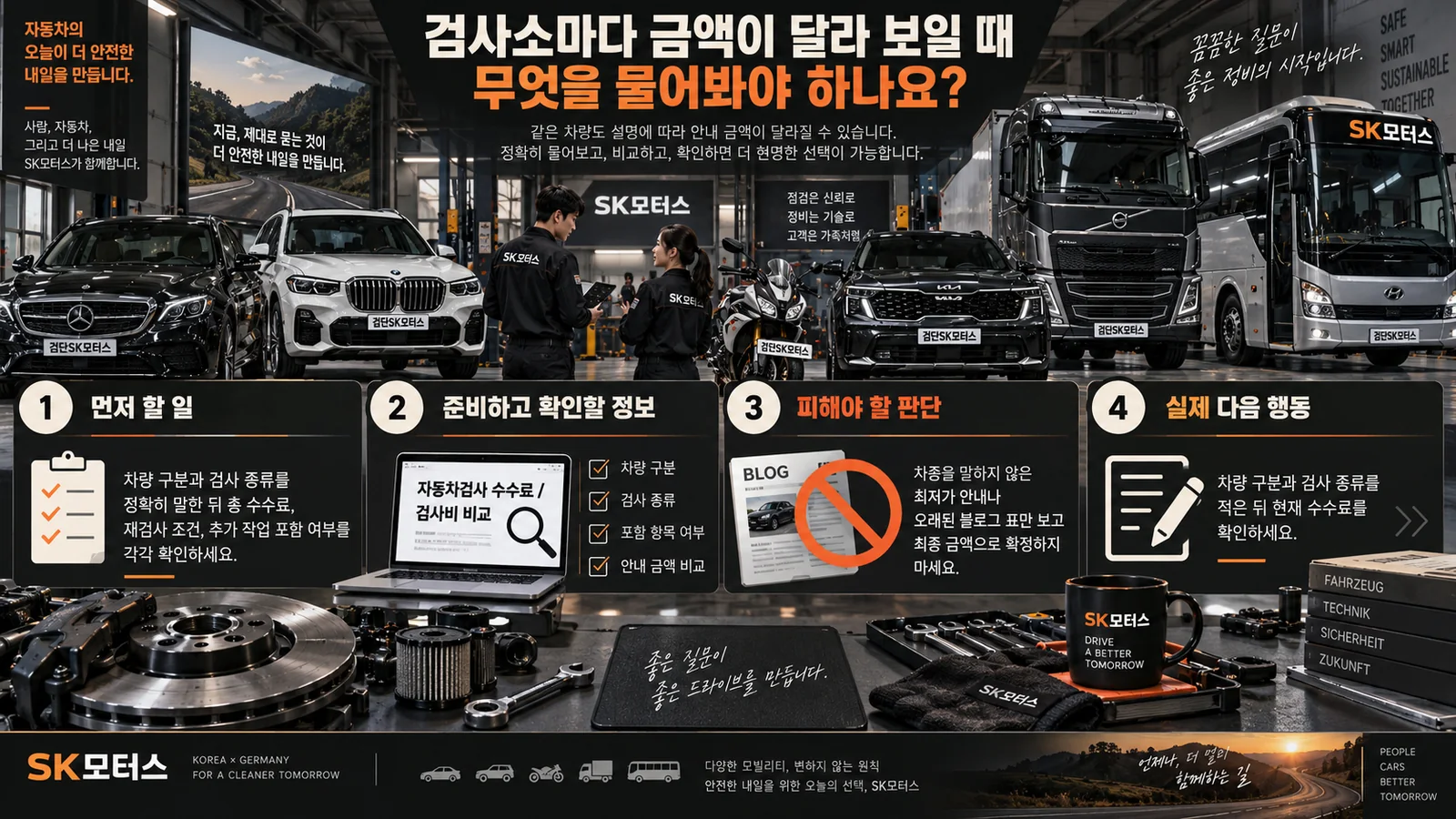 검사소마다 금액이 달라 보일 때 무엇을 물어봐야 하나요? — 주요 확인 순서 인포그래픽