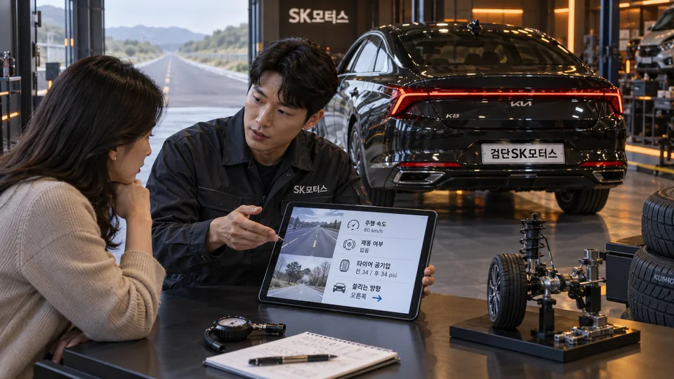 차가 한쪽으로 쏠릴 때 검사 전에 어떤 조건을 기록하나요?