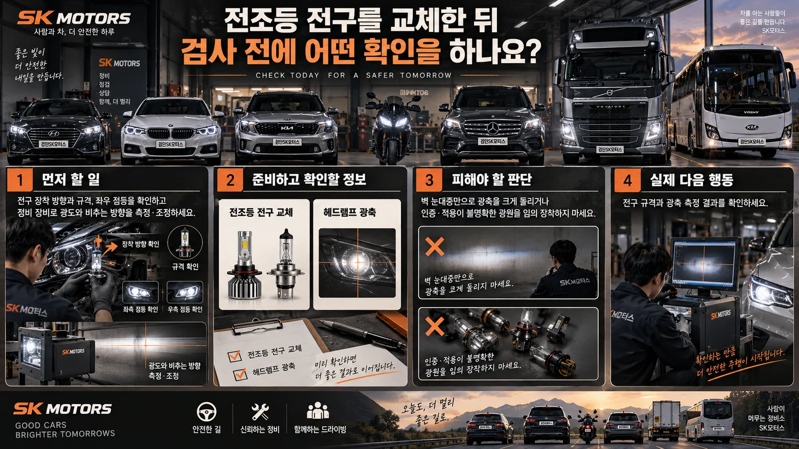 전조등 전구를 교체한 뒤 검사 전에 어떤 확인을 하나요? — 주요 확인 순서 인포그래픽