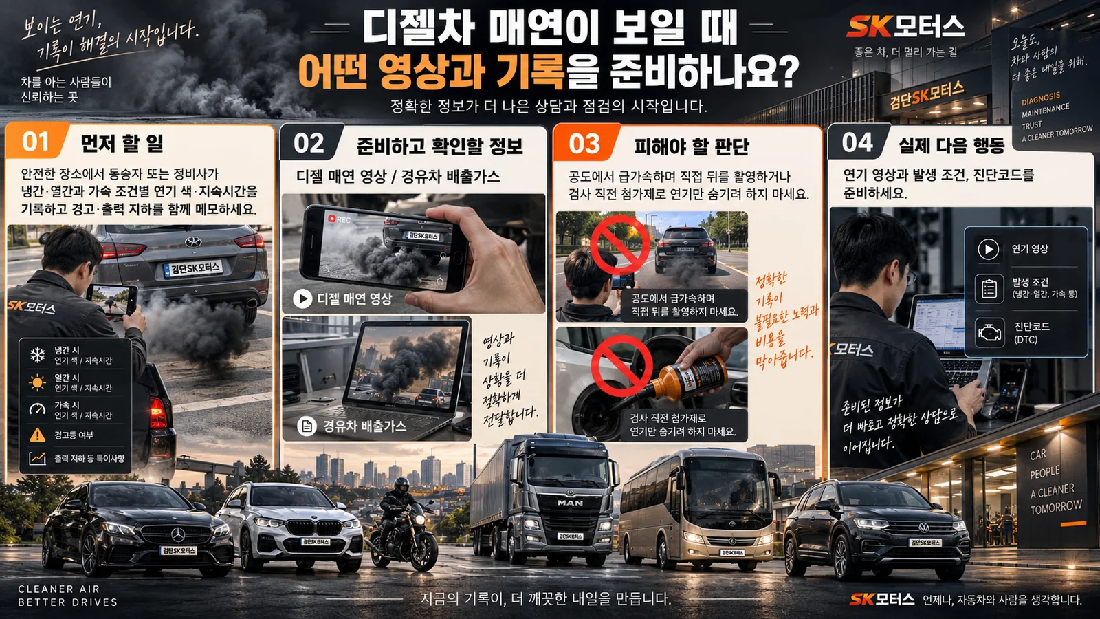 디젤차 매연이 보일 때 어떤 영상과 기록을 준비하나요? — 주요 확인 순서 인포그래픽