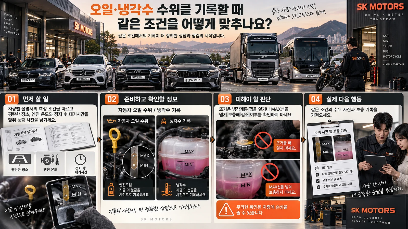 오일·냉각수 수위를 기록할 때 같은 조건을 어떻게 맞추나요? — 주요 확인 순서 인포그래픽