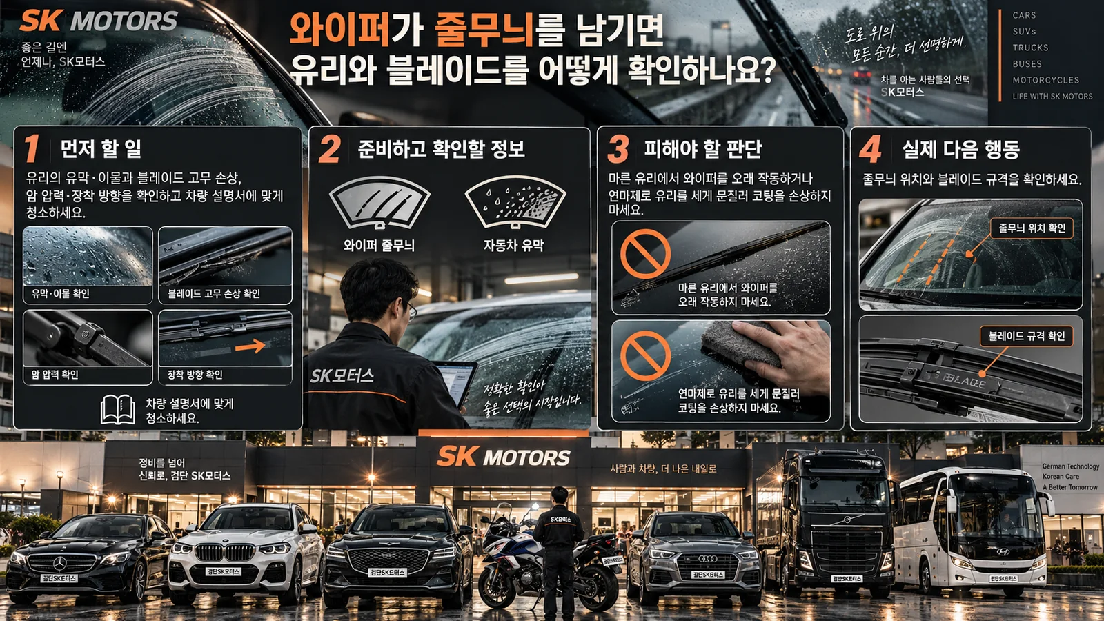와이퍼가 줄무늬를 남기면 유리와 블레이드를 어떻게 확인하나요? — 주요 확인 순서 인포그래픽