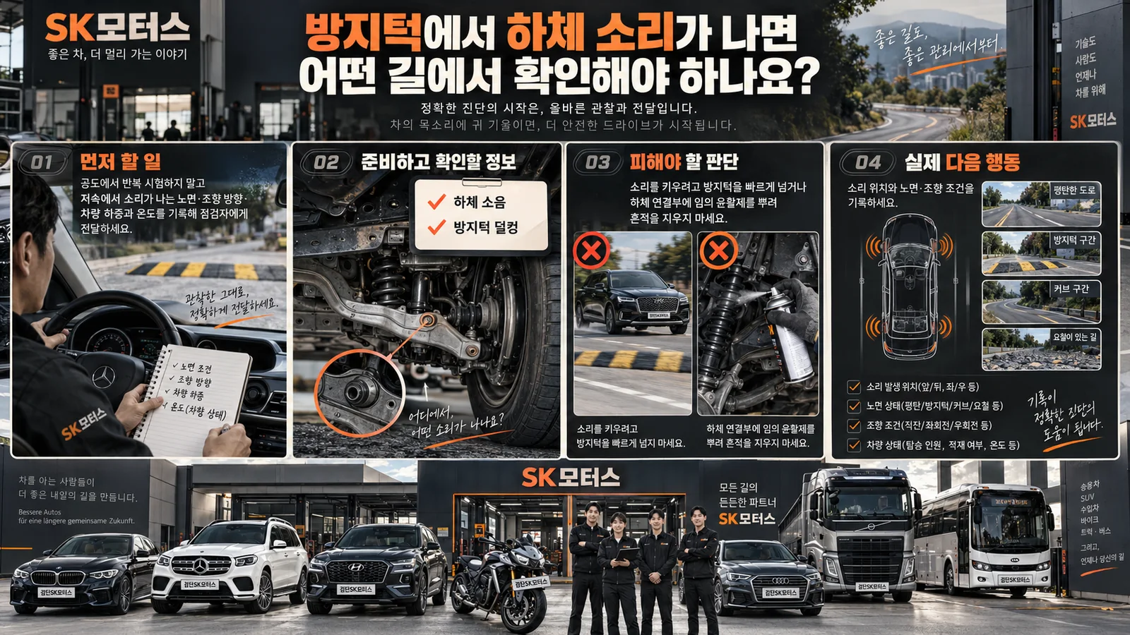방지턱에서 하체 소리가 나면 어떤 길에서 확인해야 하나요? — 주요 확인 순서 인포그래픽