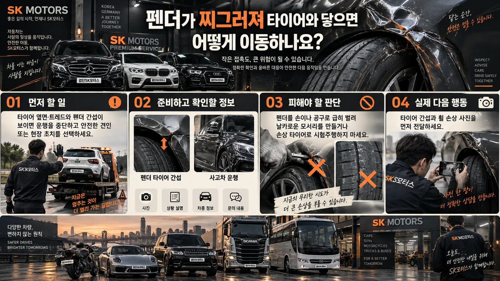 펜더가 찌그러져 타이어와 닿으면 어떻게 이동하나요? — 주요 확인 순서 인포그래픽