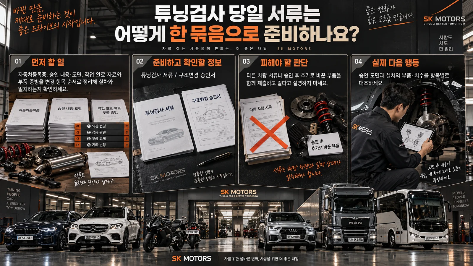 튜닝검사 당일 서류는 어떻게 한 묶음으로 준비하나요? — 주요 확인 순서 인포그래픽