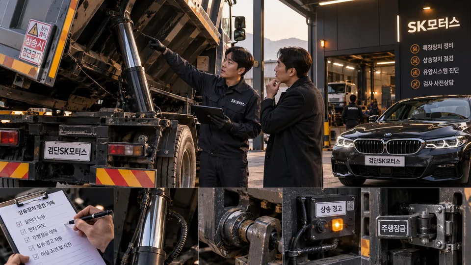 덤프차 검사를 준비할 때 상승장치 정보를 어떻게 전달하나요?