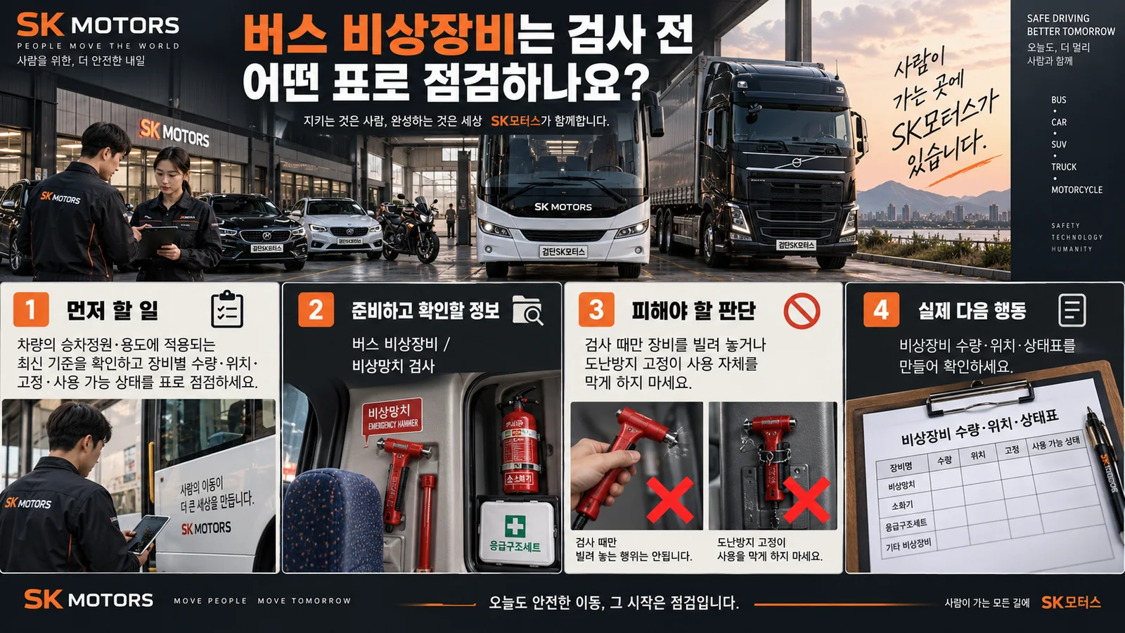 버스 비상장비는 검사 전 어떤 표로 점검하나요? — 주요 확인 순서 인포그래픽