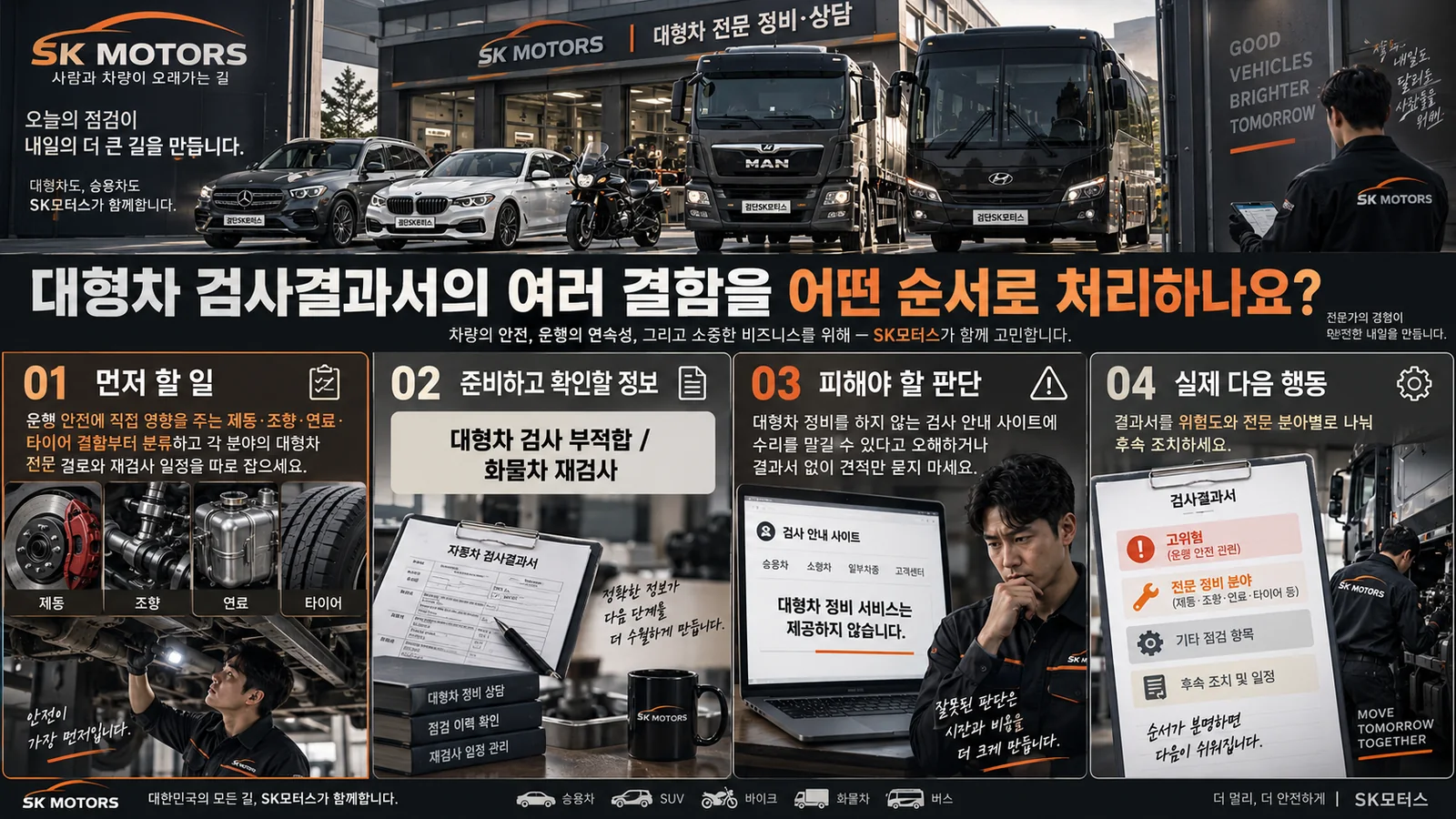 대형차 검사결과서의 여러 결함을 어떤 순서로 처리하나요? — 주요 확인 순서 인포그래픽