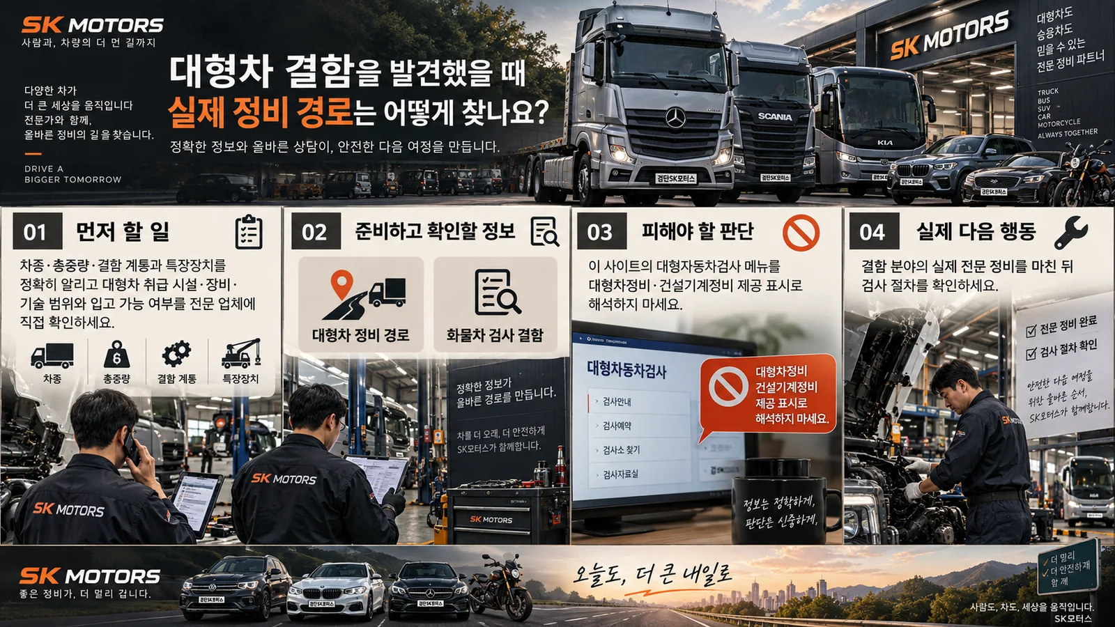 대형차 결함을 발견했을 때 실제 정비 경로는 어떻게 찾나요? — 주요 확인 순서 인포그래픽