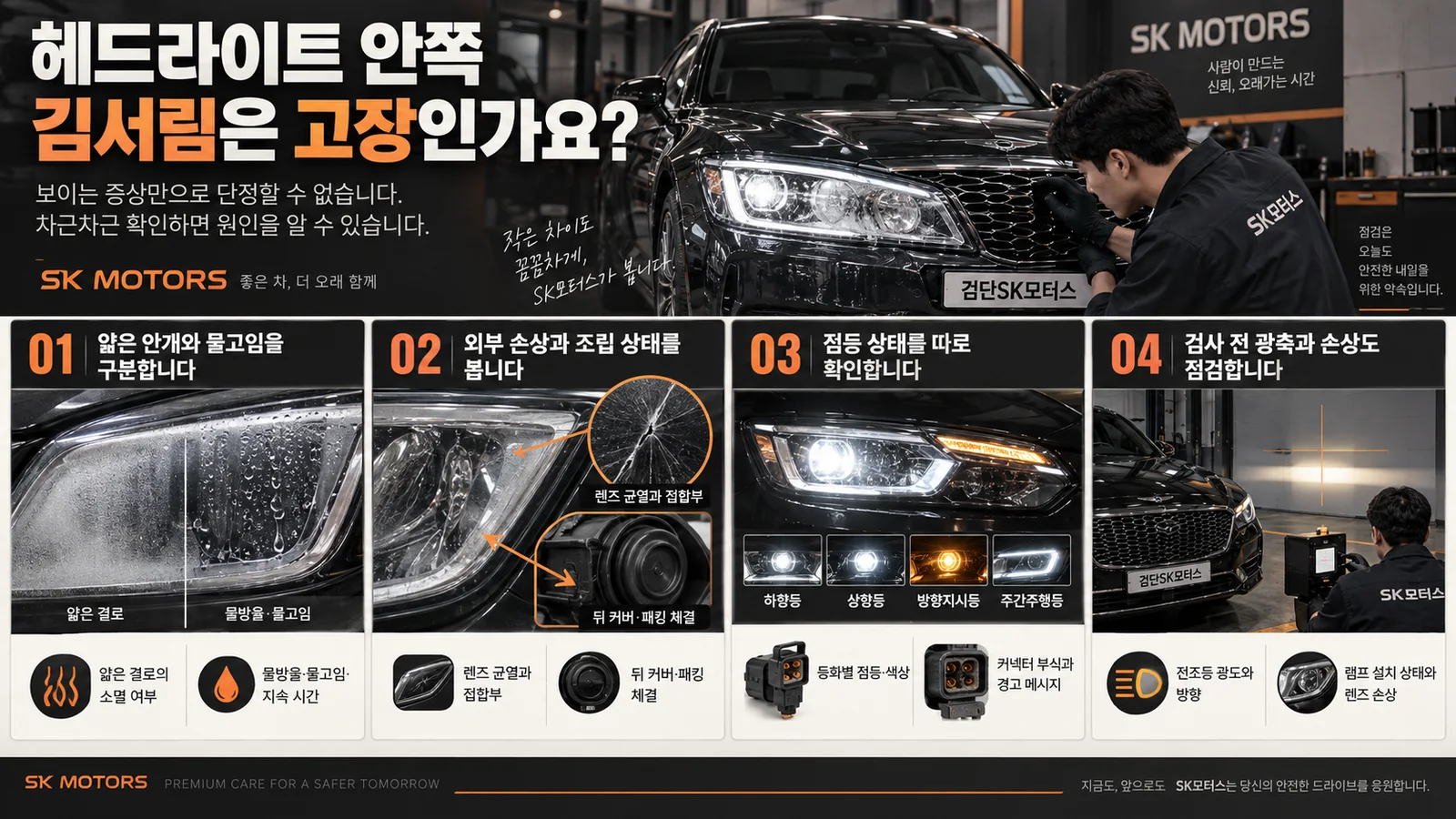 헤드라이트 안쪽 김서림은 고장인가요? — 주요 확인 순서 인포그래픽