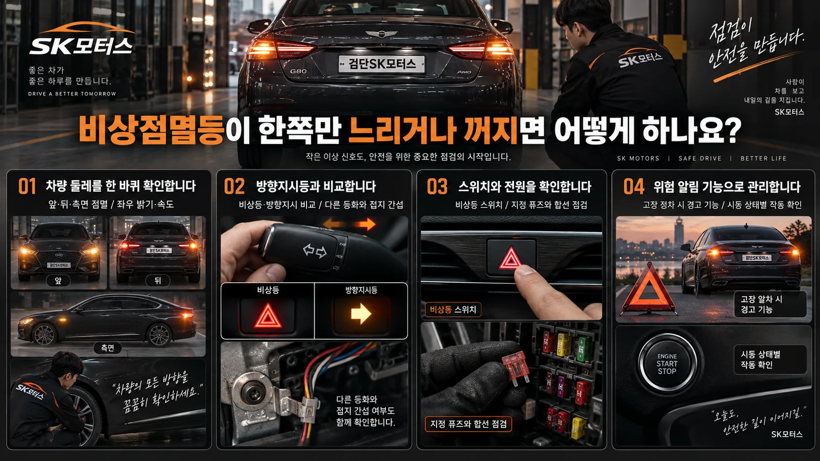 비상점멸등이 한쪽만 느리거나 꺼지면 어떻게 하나요? — 주요 확인 순서 인포그래픽