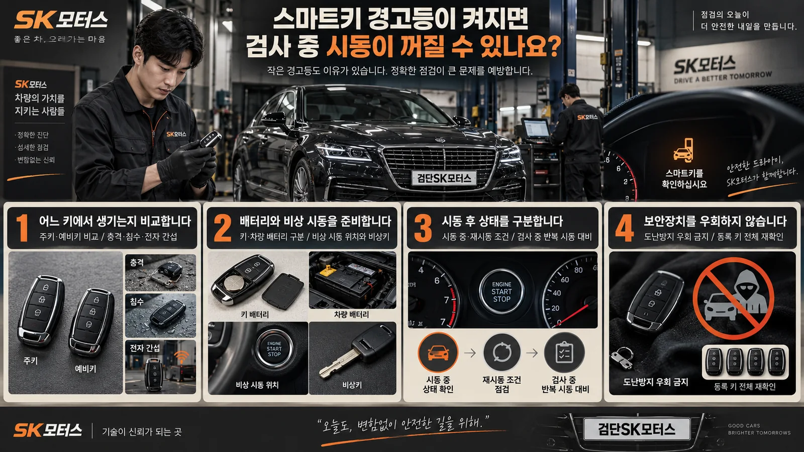 스마트키 경고등이 켜지면 검사 중 시동이 꺼질 수 있나요? — 주요 확인 순서 인포그래픽