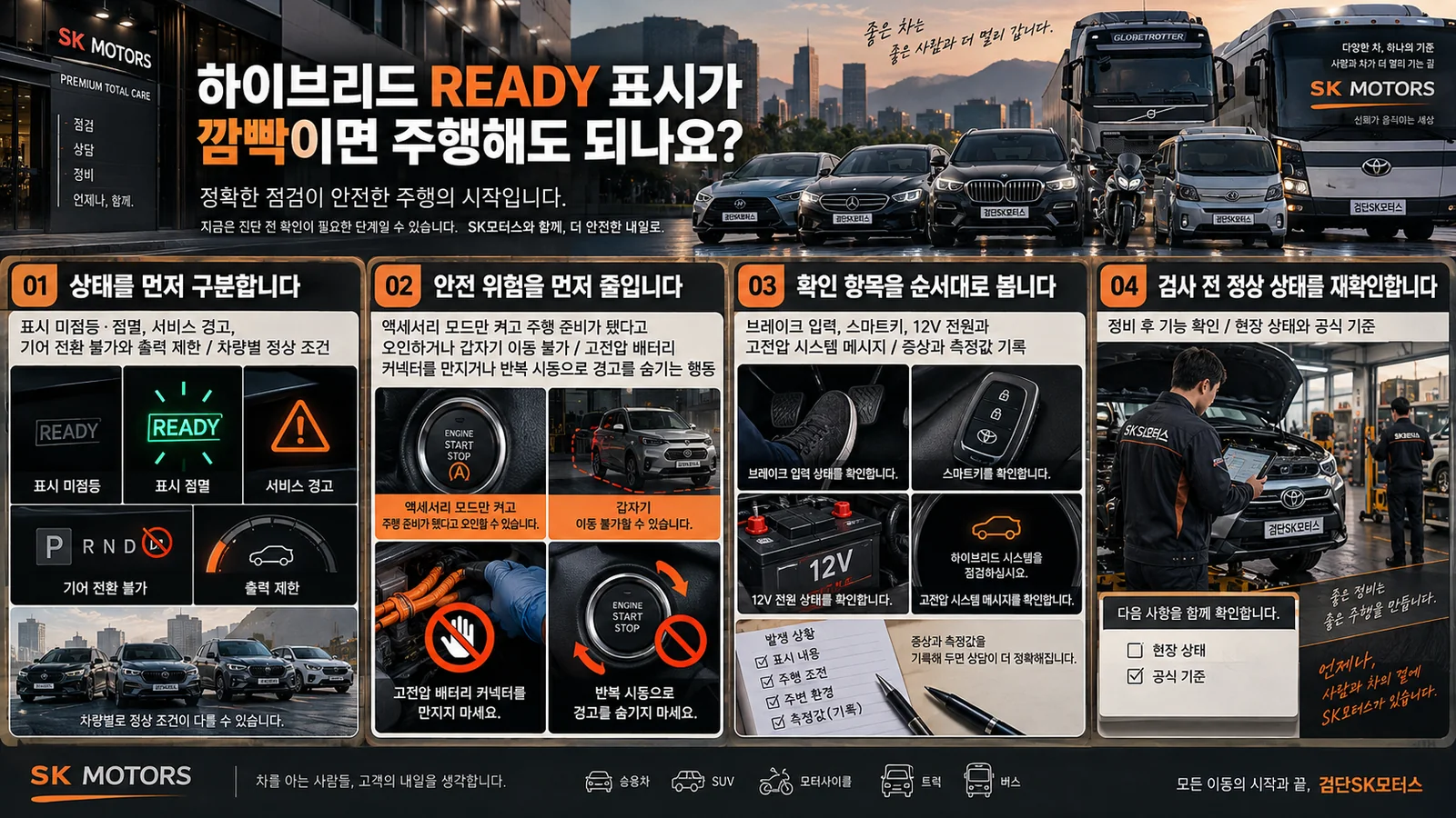 하이브리드 READY 표시가 깜빡이면 주행해도 되나요? — 주요 확인 순서 인포그래픽