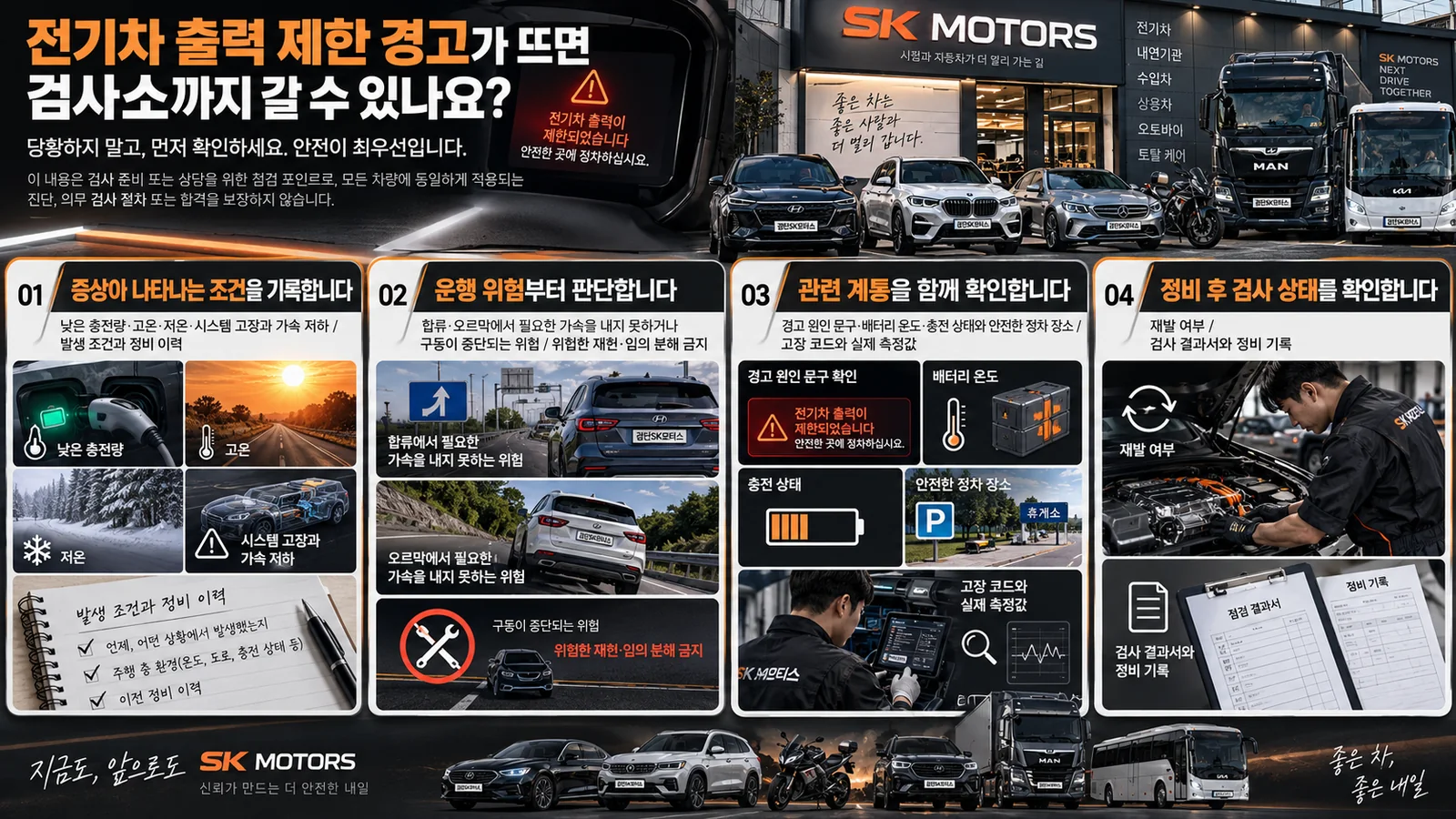 전기차 출력 제한 경고가 뜨면 검사소까지 갈 수 있나요? — 주요 확인 순서 인포그래픽