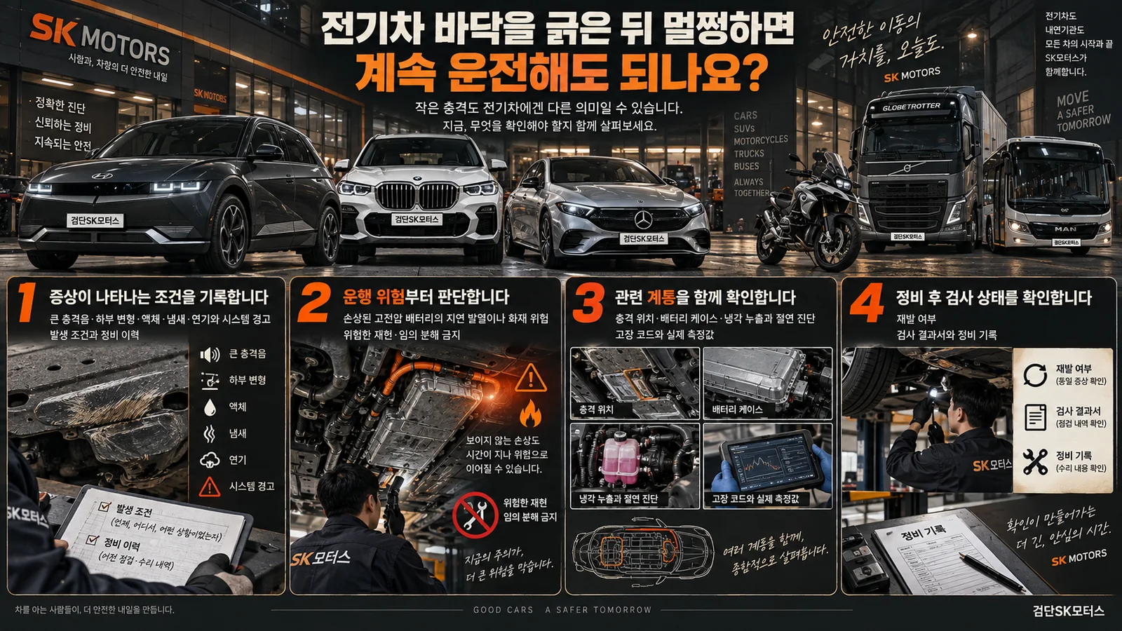 전기차 바닥을 긁은 뒤 멀쩡하면 계속 운전해도 되나요? — 주요 확인 순서 인포그래픽