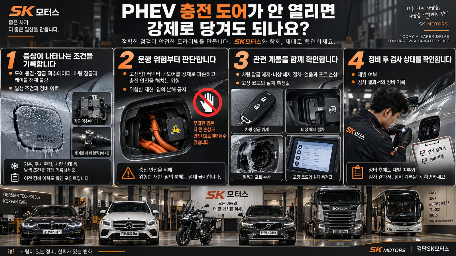 PHEV 충전 도어가 안 열리면 강제로 당겨도 되나요? — 주요 확인 순서 인포그래픽