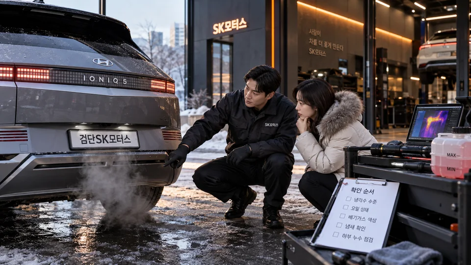 추운 날 흰 배기가스는 모두 냉각수 누수인가요?