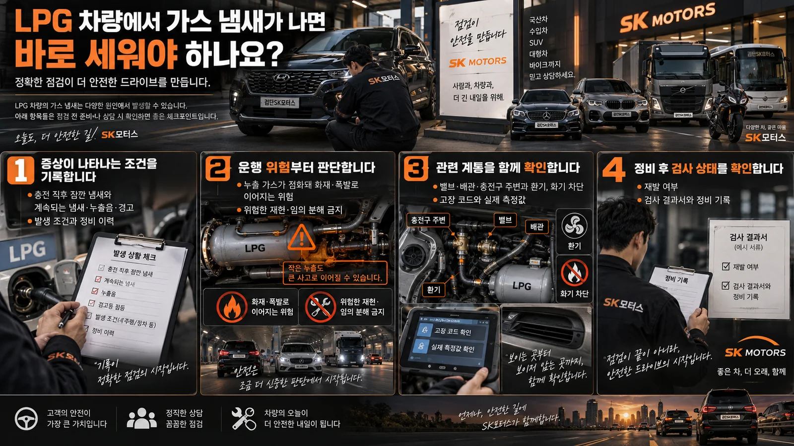 LPG 차량에서 가스 냄새가 나면 바로 세워야 하나요? — 주요 확인 순서 인포그래픽