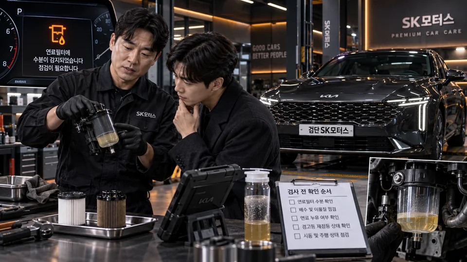 경유차 연료필터 수분 경고가 켜지면 어떻게 하나요?