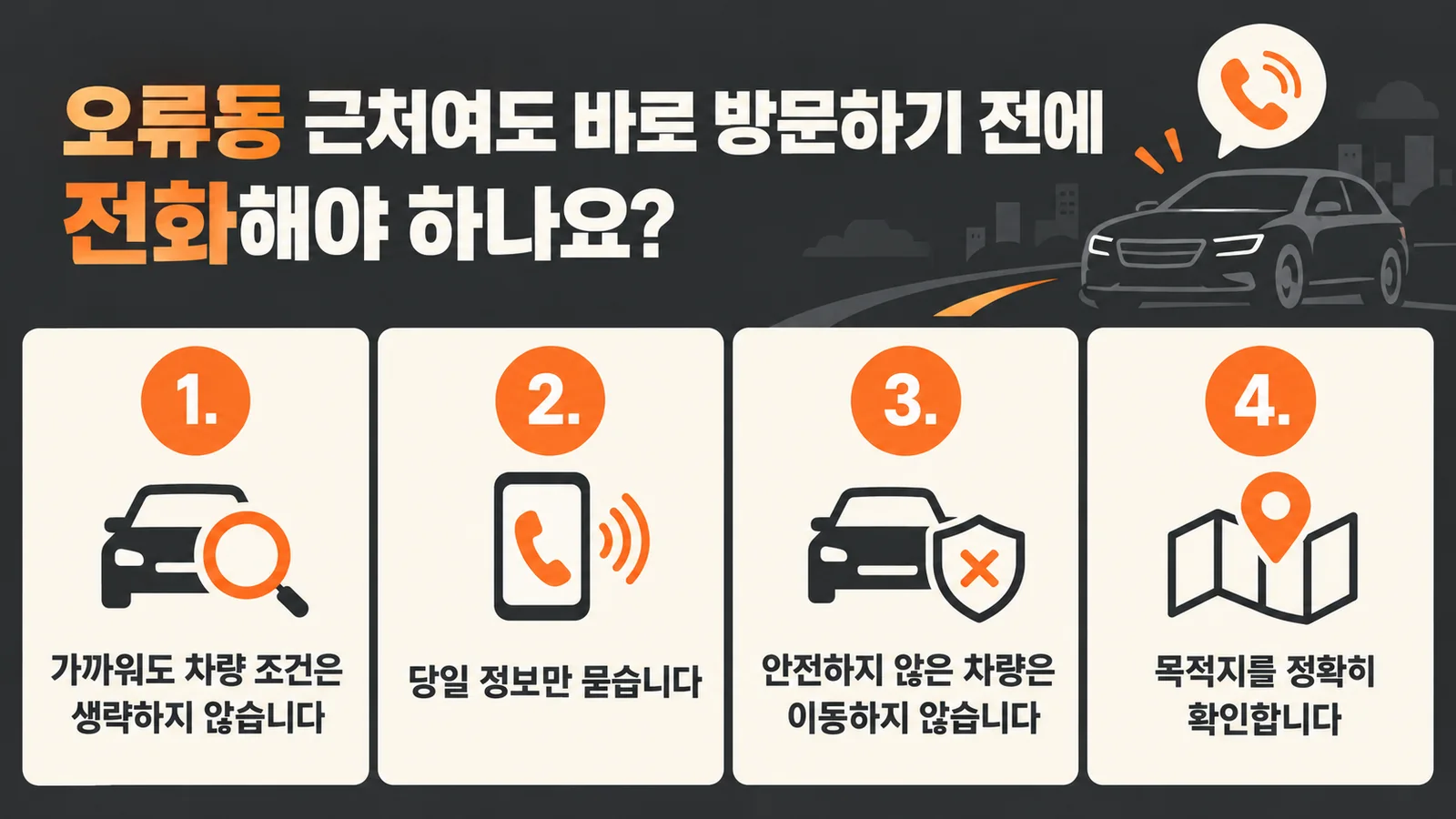 오류동 근처여도 바로 방문하기 전에 전화해야 하나요? — 주요 확인 순서 인포그래픽