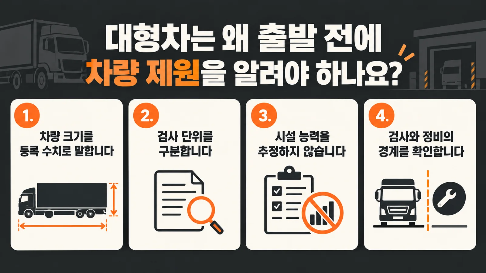 대형차는 왜 출발 전에 차량 제원을 알려야 하나요? — 주요 확인 순서 인포그래픽