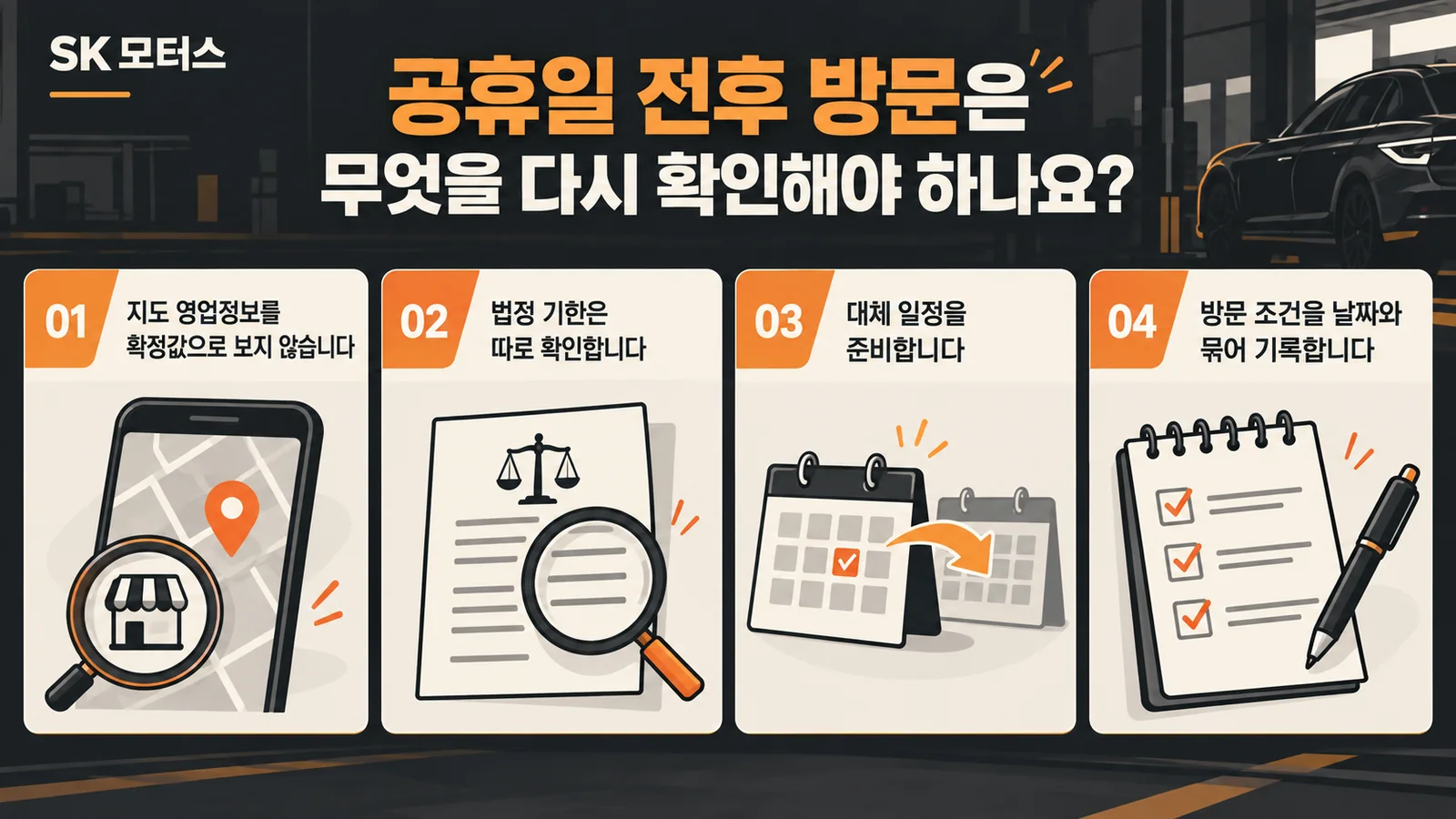 공휴일 전후 방문은 무엇을 다시 확인해야 하나요? — 주요 확인 순서 인포그래픽
