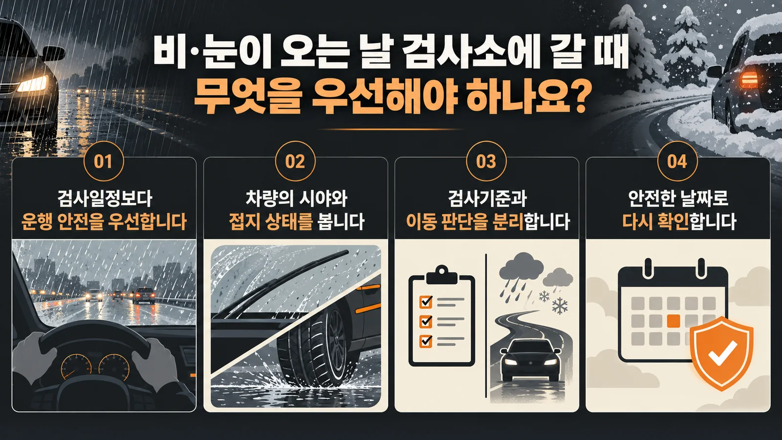 비·눈이 오는 날 검사소에 갈 때 무엇을 우선해야 하나요? — 주요 확인 순서 인포그래픽