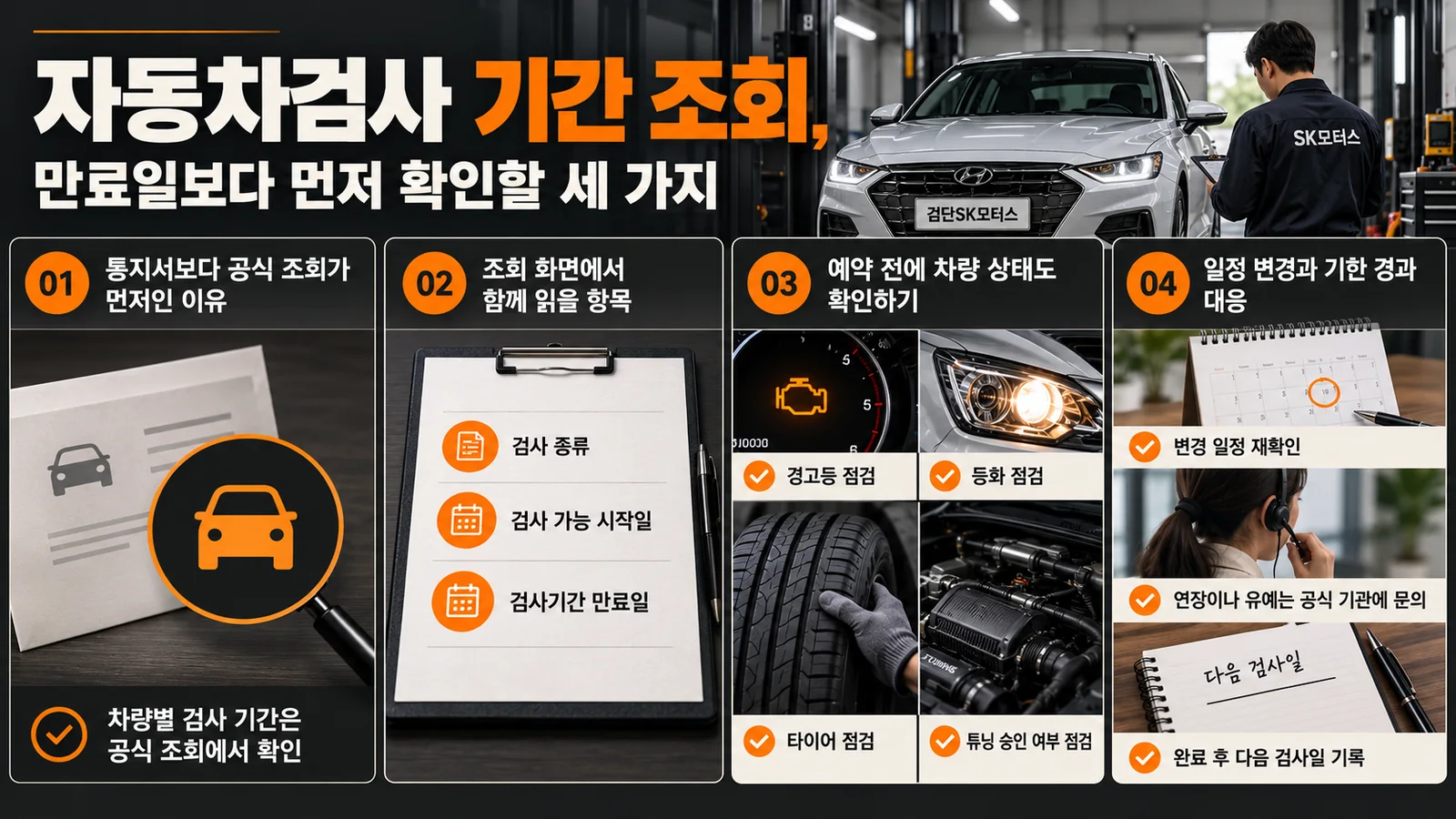 자동차검사 기간 조회, 만료일보다 먼저 확인할 세 가지 — 주요 확인 순서 인포그래픽