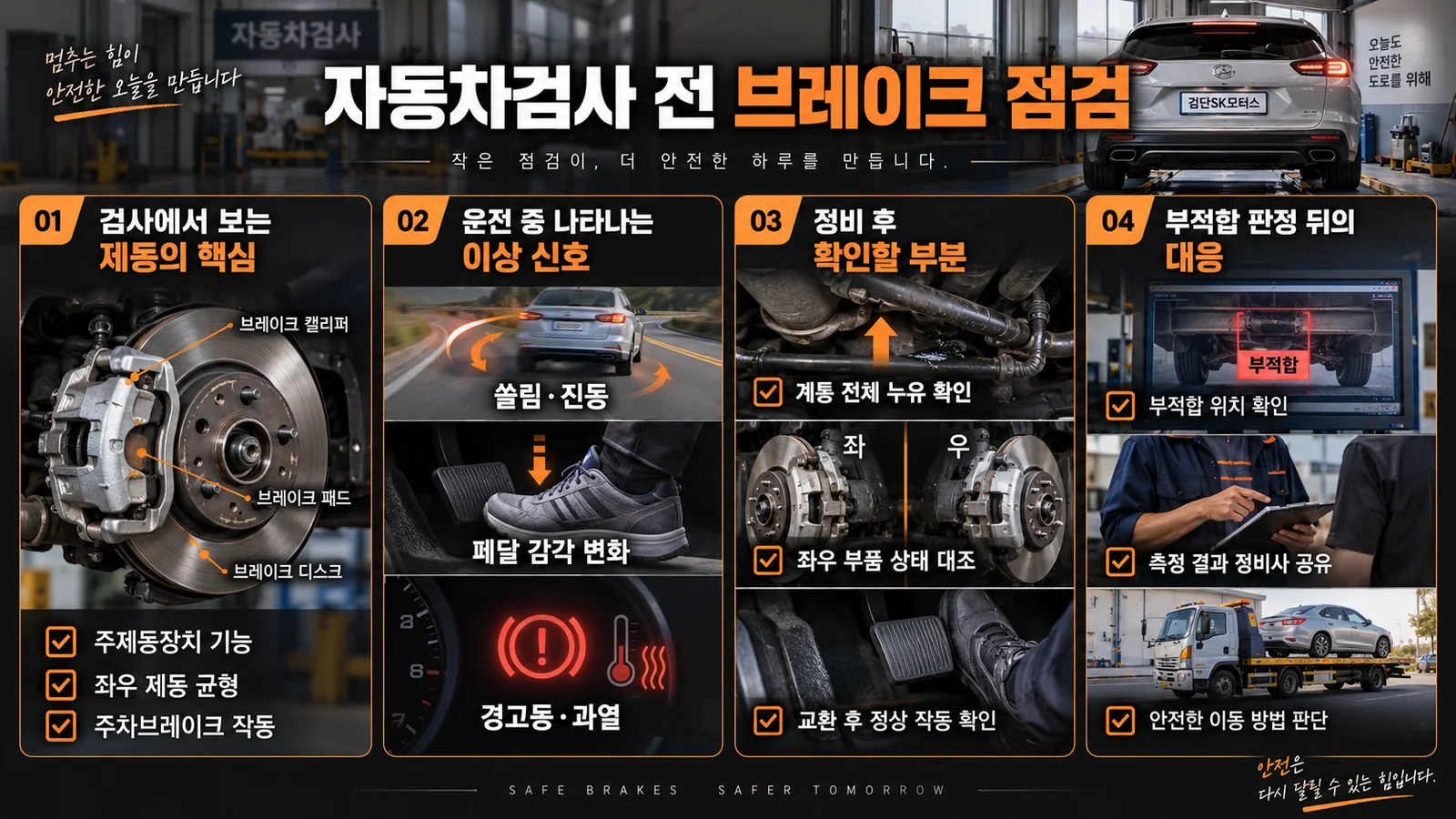 자동차검사 전 브레이크 점검, 소리보다 제동 균형이 중요합니다 — 주요 확인 순서 인포그래픽