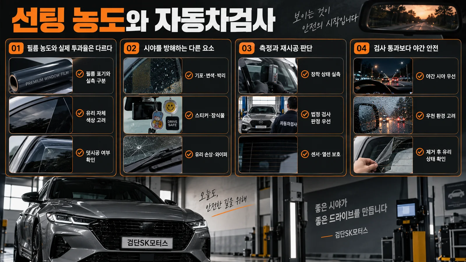 선팅 농도와 자동차검사, 투과율 수치만 외우면 놓치는 것 — 주요 확인 순서 인포그래픽