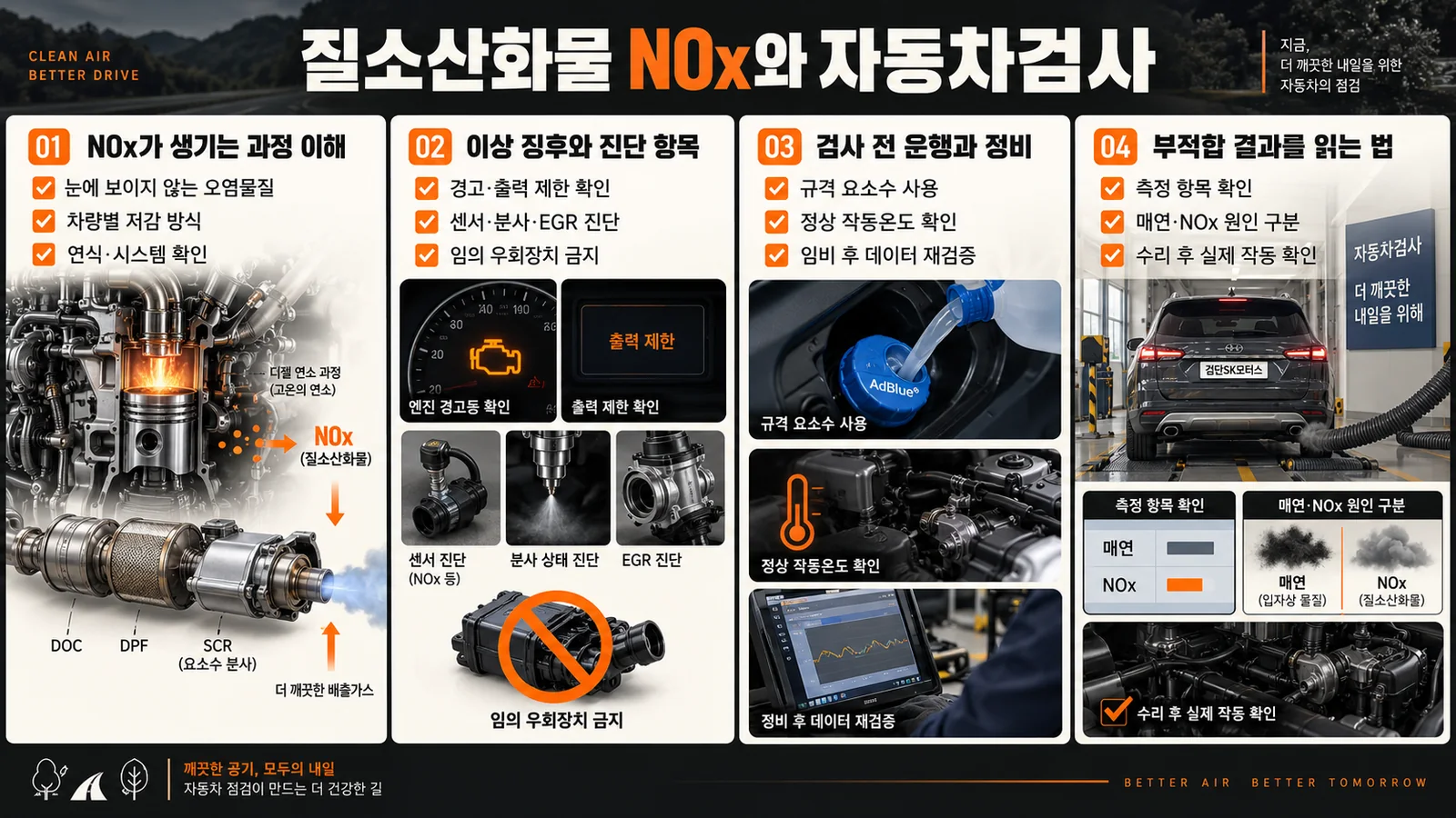 질소산화물 NOx와 자동차검사, 디젤차 운전자가 알아둘 흐름 — 주요 확인 순서 인포그래픽