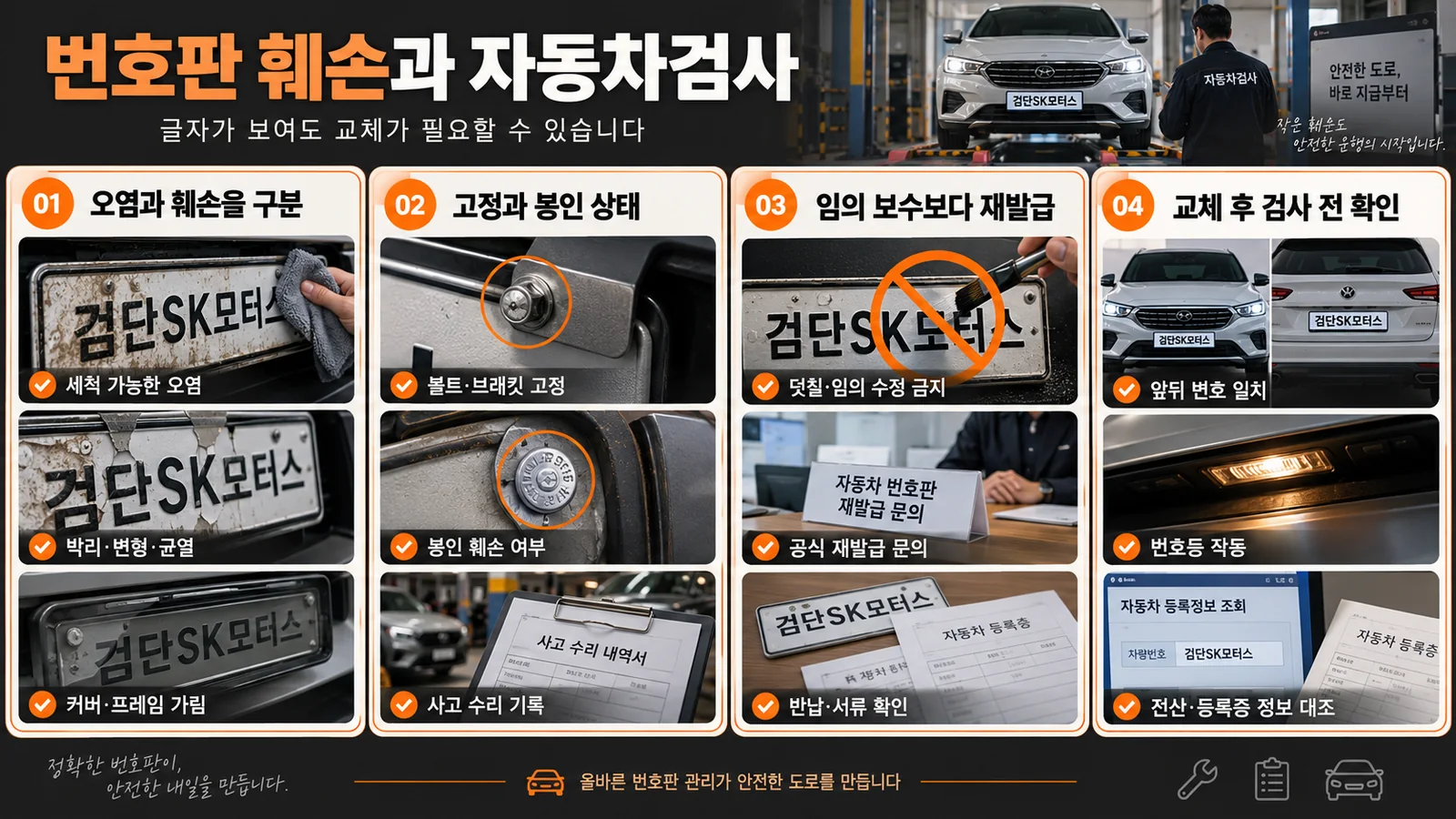 번호판 훼손과 자동차검사, 글자가 보여도 교체가 필요할 수 있습니다 — 주요 확인 순서 인포그래픽