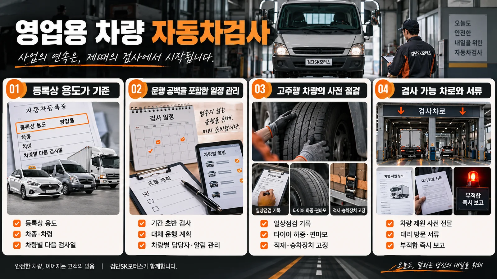영업용 차량 자동차검사, 승용차 일정으로 계산하면 안 되는 이유 — 주요 확인 순서 인포그래픽