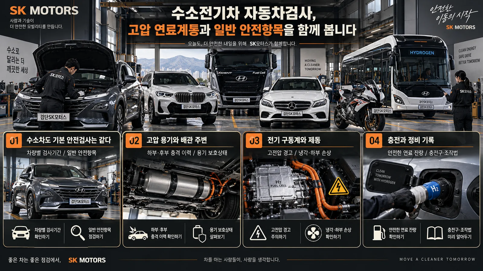 수소전기차 자동차검사, 고압 연료계통과 일반 안전항목을 함께 봅니다 — 주요 확인 순서 인포그래픽